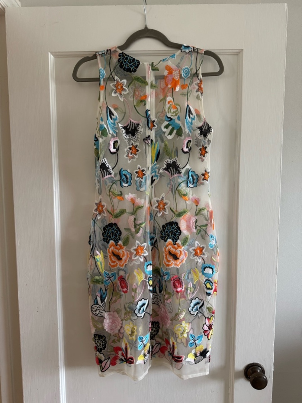 Floral Embroidered Mesh Sheath Dress - Sheer Overlay Sleeveless - Picture 6 of 10